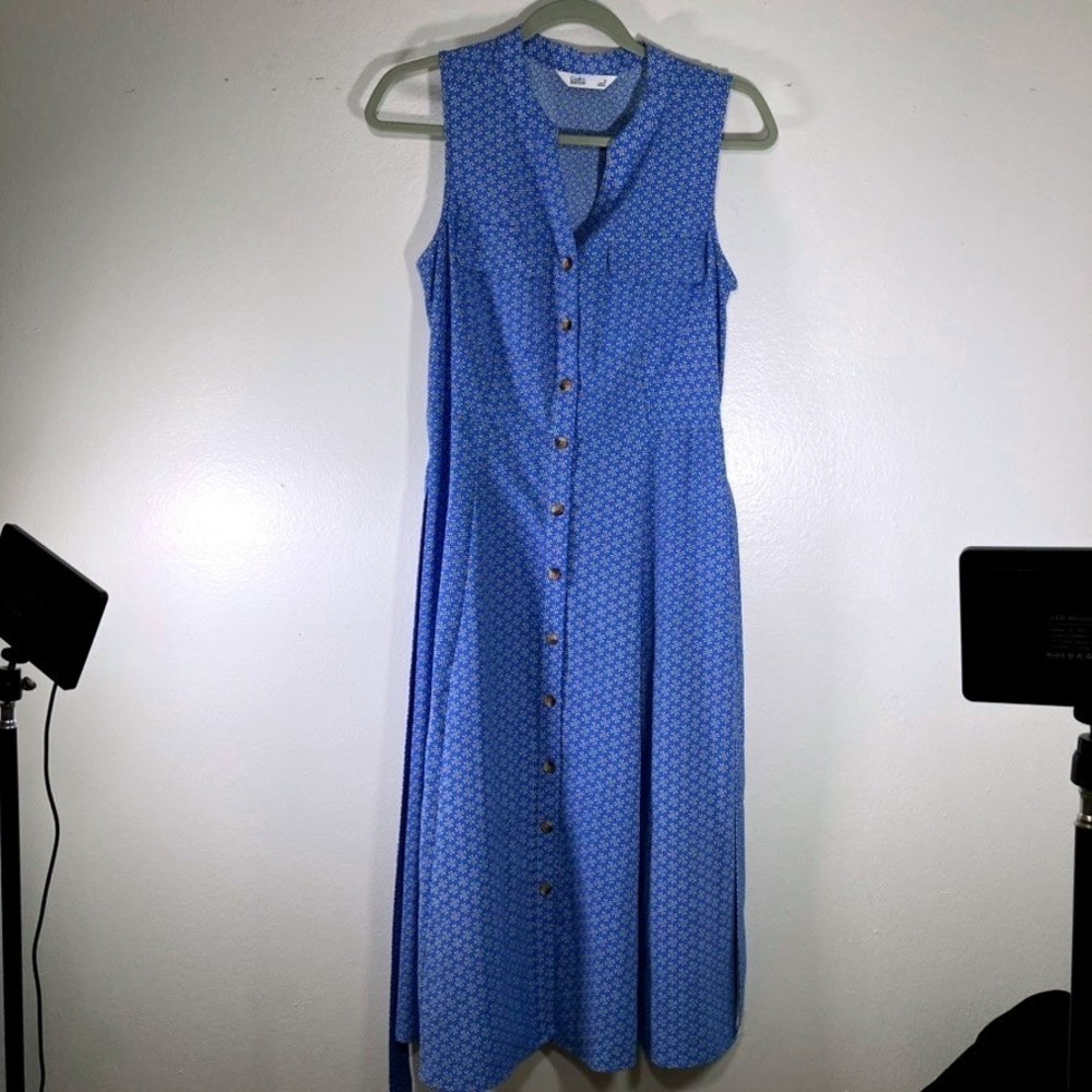 Croft & Barrow Blue Geometric Floral Button Front Sleeveless Midi Dress Small